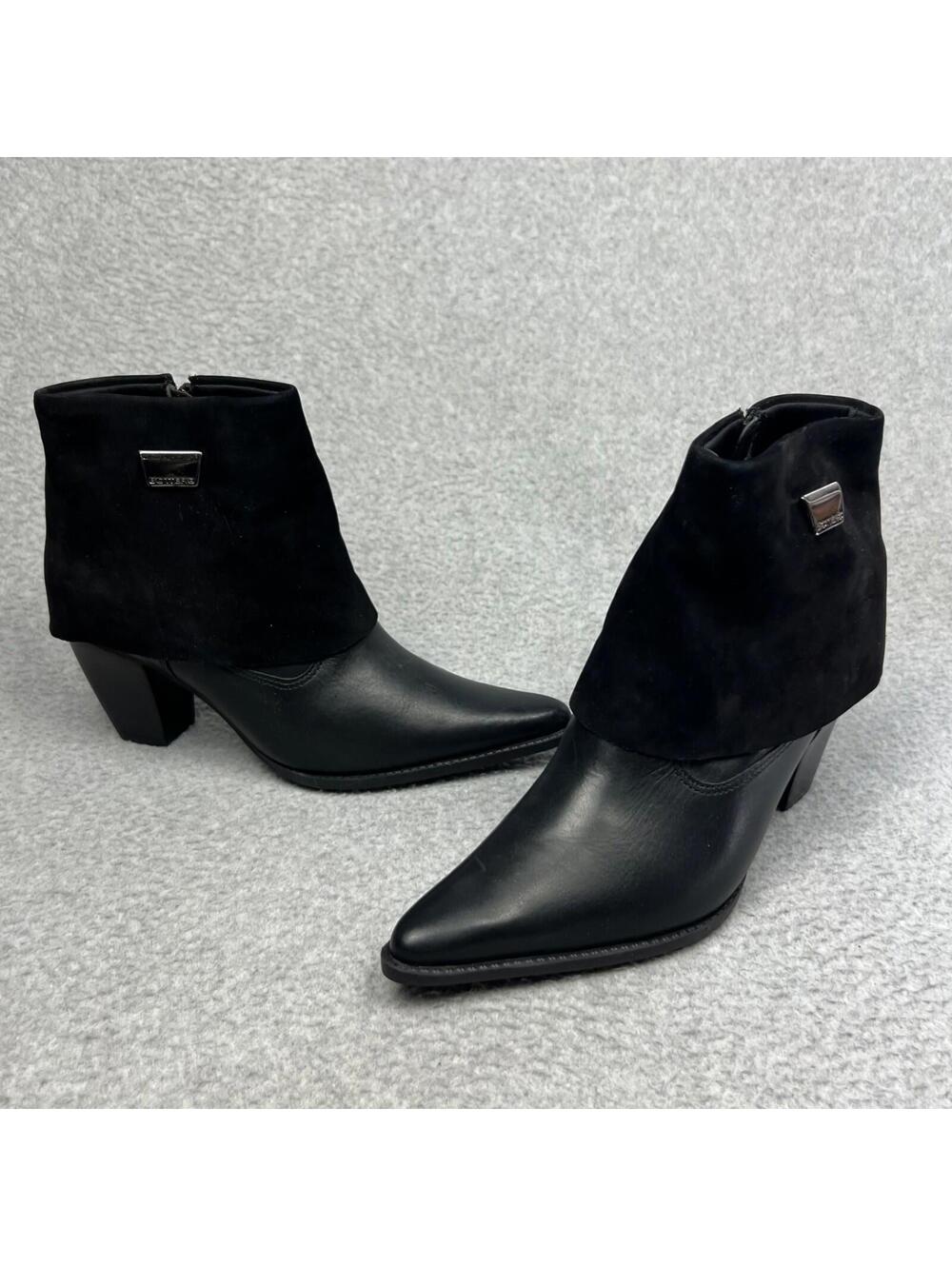 BOTTER Womens Ankle Boots Pointed Toe Suede Leather 7 Black Chunky Heel Black